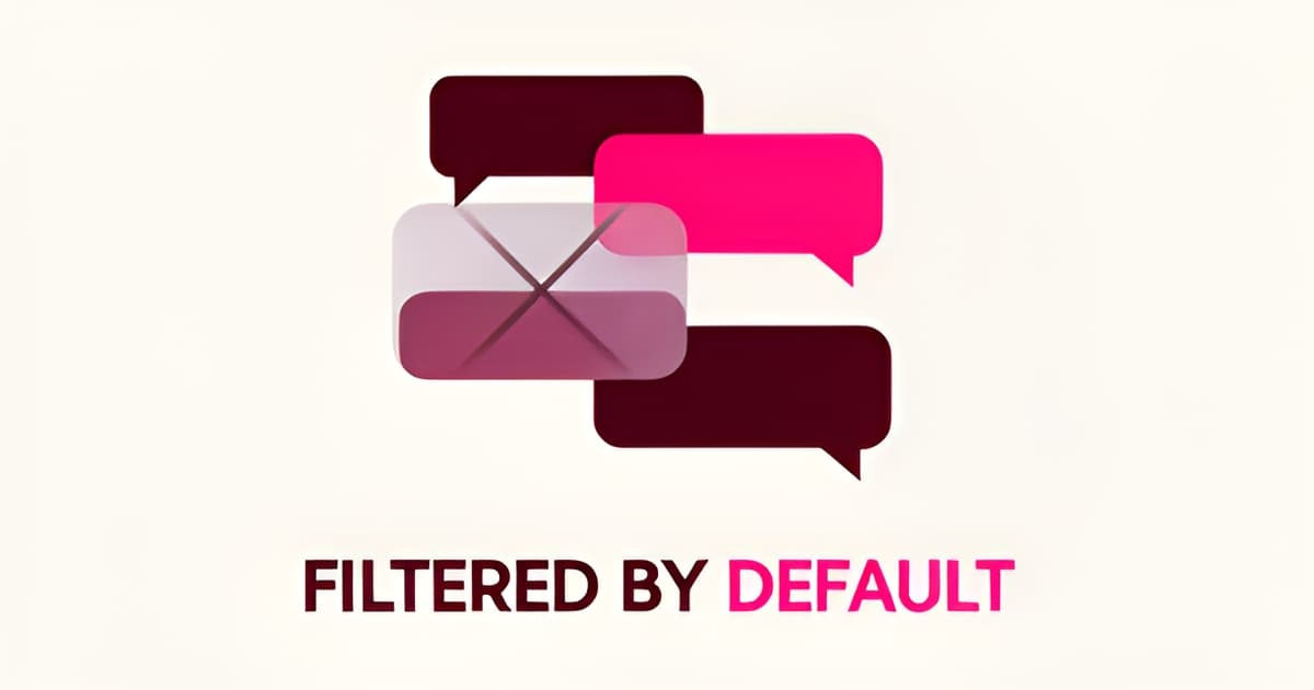 Flat illustration of a gated AI chat interface with filtered speech bubbles in burgundy and pink, headlined Filtered by Default.