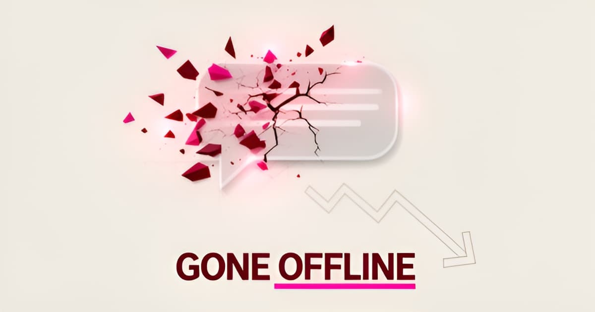 Flat illustration of a chat bubble dissolving into crimson and pink shards, symbolizing Solm8's offline status in 2026.