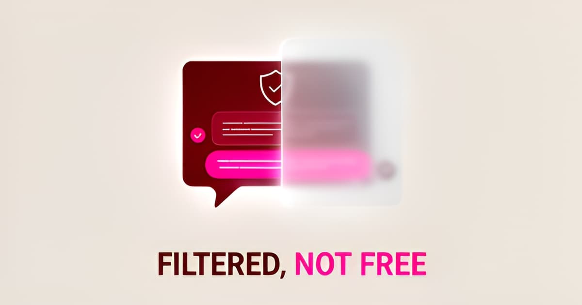 Flat illustration of a chat interface behind a translucent filter barrier with crimson and pink accents, symbolizing AI chat moderation.