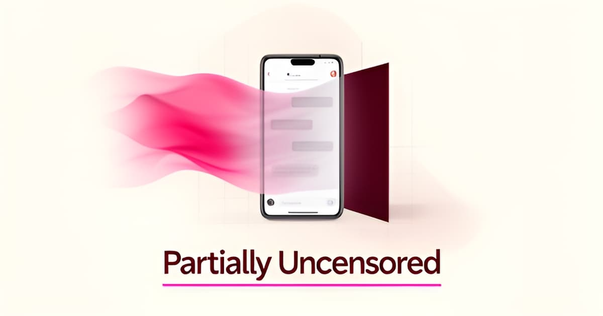 Flat illustration of a smartphone chat screen half-covered by a filter barrier in burgundy and pink, with headline reading Partially Uncensored.