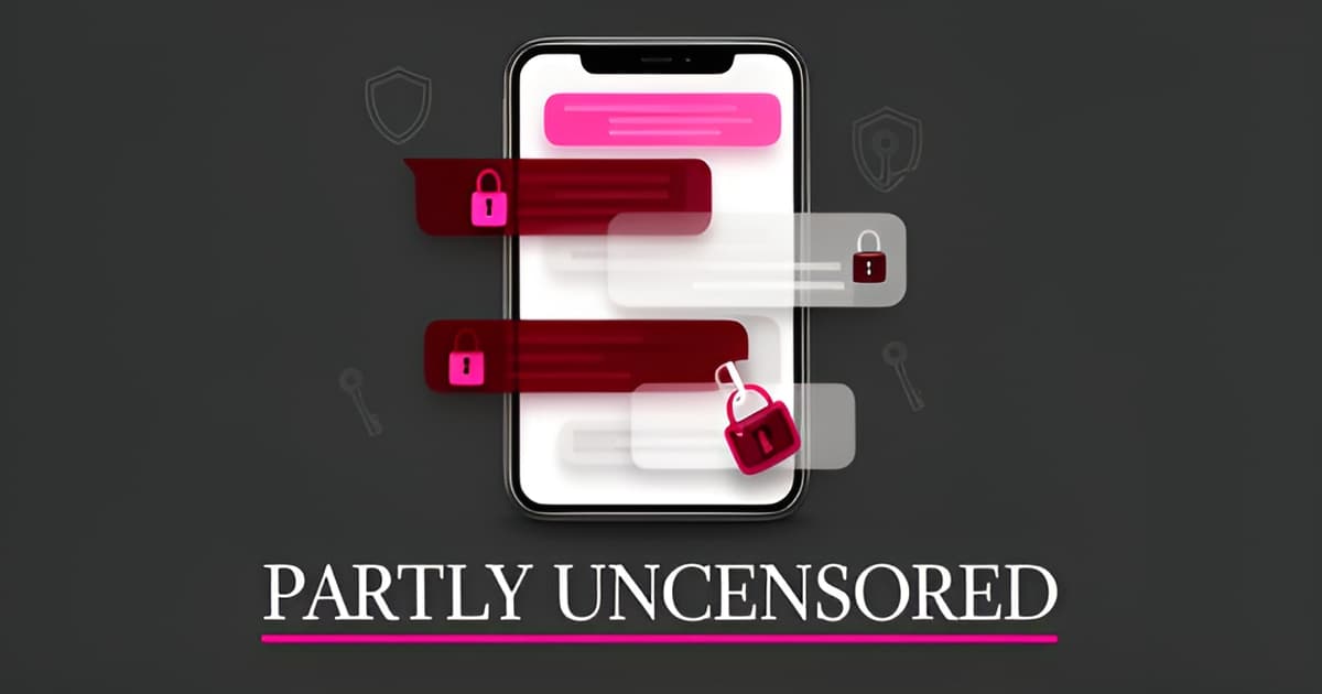 Flat illustration of a smartphone chat with partially unlocked filter locks, illustrating PolyBuzz's partial NSFW moderation in 2026.