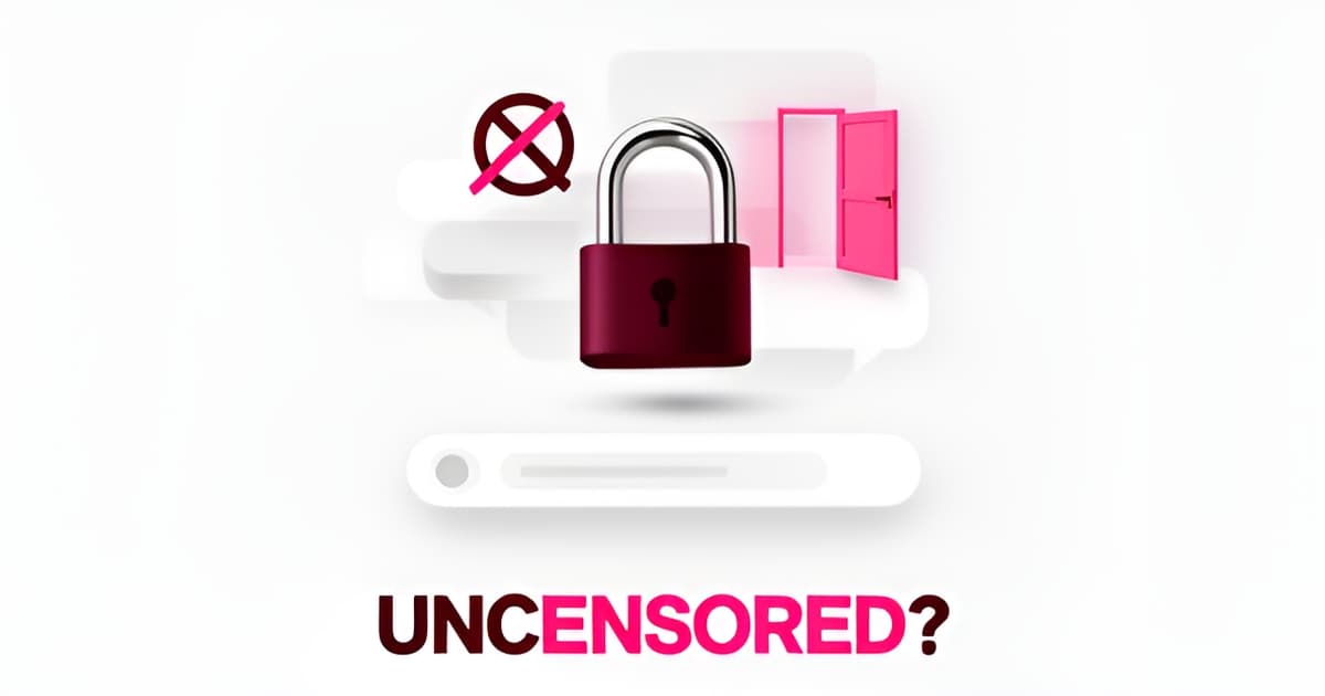 Flat illustration of an unlocked padlock over chat bubbles with the headline 'UNCENSORED?' questioning unfiltered AI chat access.