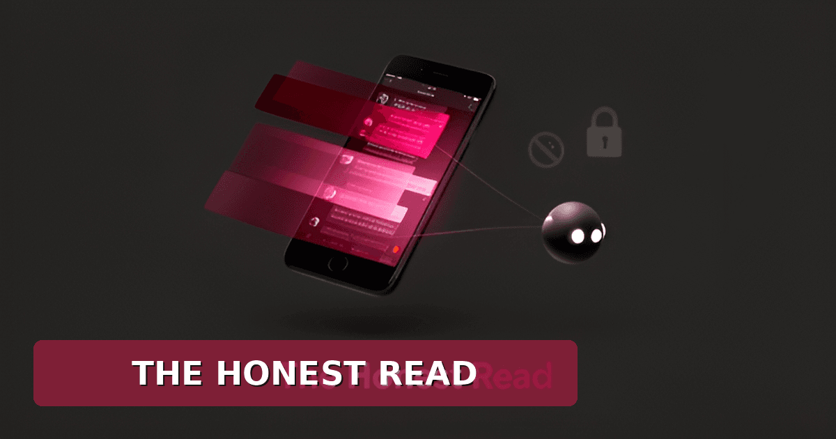 Flat illustration of a filtered AI chat app with burgundy and pink filter bars, padlock and ban icons, symbolizing transparent filter reviews.